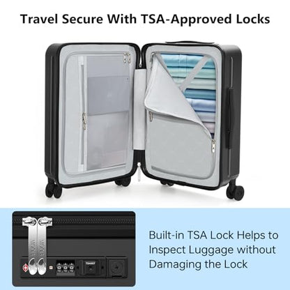 MGB Carry on Luggage Airline Approved, 20 Inch with TSA Lock | PC Hard Shell Suitcase with Double Spinner Wheels and USB Port, Lightweight for Travel & Business - color: Black, style: Front Pocket