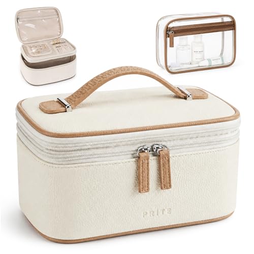 Prite 2 Pcs Makeup Bag Set Travel Cosmetic Case with Clear Toiletry Bag - color: Beige