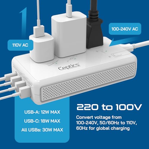 Ceptics 220V to 110V Converter,2X 200W + 1x 2000W, USB-C PD 18W, 4 USB - color: Beige