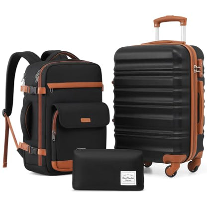 LONG VACATION Luggage Sets, 3 Piece, 20 Inch Carry On Hardshell Suitcase - color: BLACK-BROWN, size: 3-Piece Set (20-Inch BP-2/TB)