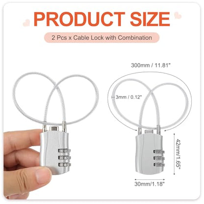 MECCANIXITY 2pcs Luggage Travel Lock 3 Digit Cable Combination Lock Silver - color: Silver, size: 12 Inch