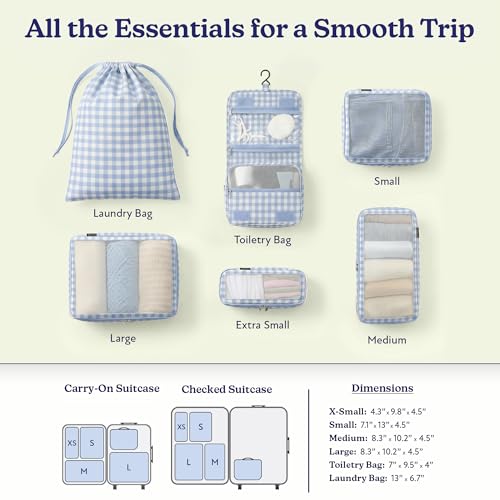 Vandel Compression Packing Cubes for Women, Set with Hanging Toiletry Bag - color: 1. Blue Gingham, size: Deluxe Set (4 Cubes + Toiletry & Laundry Bags)