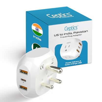Ceptics India, Pakistan Travel Adapter - 5 Input with QC 3.1A Dual USB and USB-C - Ultra Compact - Light Weight - USA to Any Type D Countries Such as Bangladesh, Maldives and More (PTU-10), White - style: India-Type D