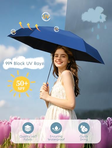 Jorilis Mini Compact Travel Umbrella with Case, Pocket Size UV Sun & Rain - color: Blue