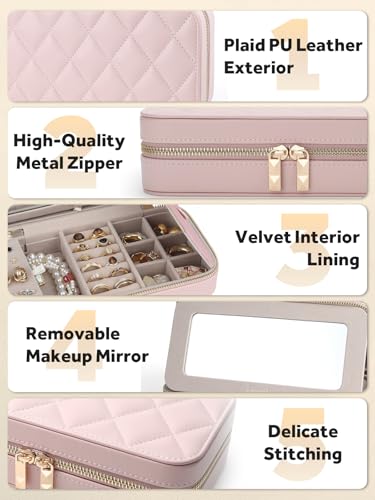 Soft-Touch Leather Travel Jewelry Case with Mirror, Jewelry Box - color: Blush Pink