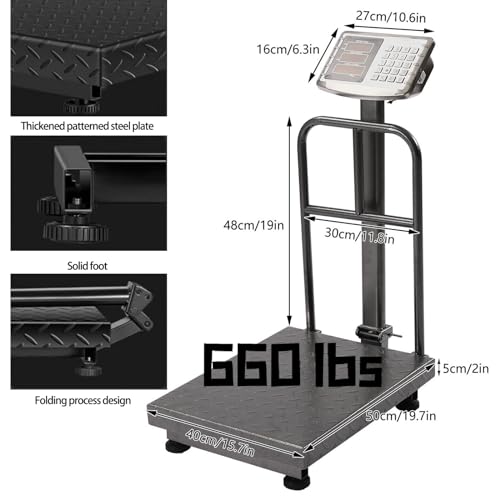 660lb Industrial Platform Scale with Removable Guardrail, Foldable Digital Shipping Scale, Double-Sided HD Display, Accurate LB/KG Postal Scale for Luggage, Package, Warehouse