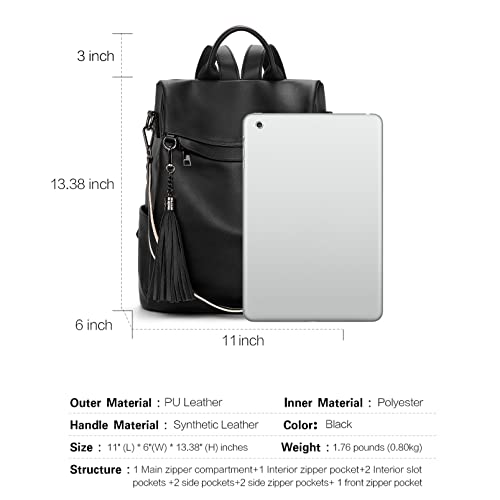 Telena Backpack Purse for Women, PU Leather Anti Theft Travel Purse Shoulder Bags with Tassel - color: Pure Black