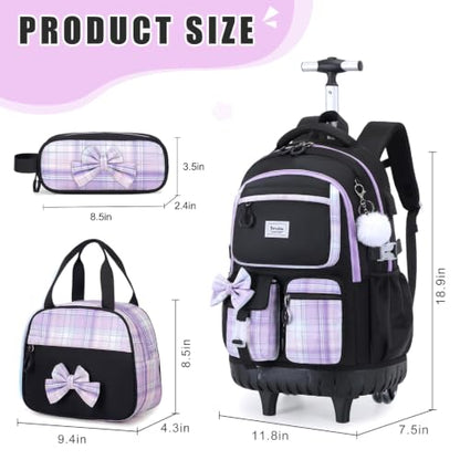 Bevalsa Rolling Backpack for Girls, Roller Backpack with Wheels | Cute Bow Plaid Wheeled School Bookbag Set with Lunch Bag & Pen Case, Suitcases for Kids Teens Elementary Middle Student - color: Black Purple