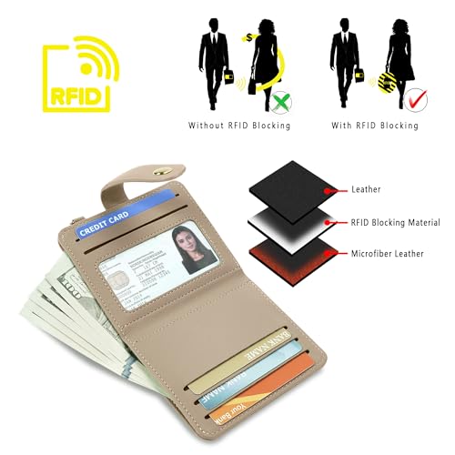Airkit Small Wallet Women RFID, PU Leather Card Holder with Keychain - color: Khaki