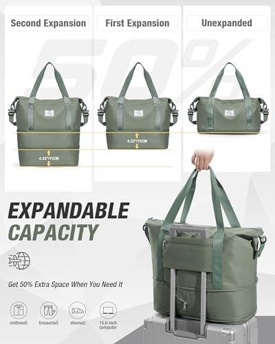 Foldable Travel Bag Expandable Duffle Bag for Women Men, Large Weekend Bags - color: C-Green