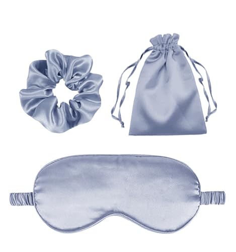 3Pcs Satin Eye Mask Silk Sleep Masks Set Silky Blindfold Eyeshade Blackout Eyes Cover Pouches Bag Scrunchy Wedding Gift - color: Dusty Blue