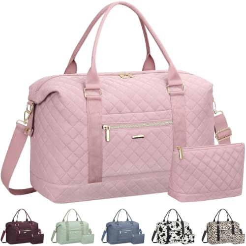 Tenot Quilted Duffle Bag for Women Travel Tote Bag with Luggage Sleeve - color: Pink, size: Large