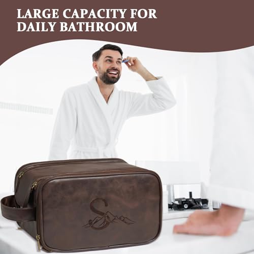 Travel Toiletry Bag For Mens PU Leather Engraved Initials (Dark Brown E) - color: Dark Brown, style: E