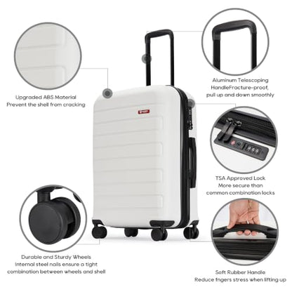 GinzaTravel 3-Piece White ABS Hardside Luggage Set 20"/24"/28" Suitcases - color: White