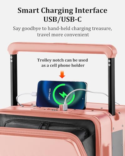 Joyway 20 Inch Top Opening Carry on Luggage with Aluminium Frame, Pink | TSA Approved Suitcase with Spinner Wheels, Wide Handle, Front Pocket, USB Port, Great For School, Business & Travel - color: Pink