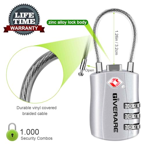 GIVERARE 2 Pack TSA Approved Luggage Locks, Combination Travel Cable Lock, Re-settable 3-Digit Padlocks with Alloy Body, Keyless TSA Padlock for Gym Locker, Golf Bag Case-Silver - color: 2 pack Silver