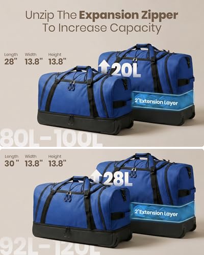 Fanwoli 120L Rolling Duffle Bag with Wheels, Foldable Travel Duffel - color: Blue-3