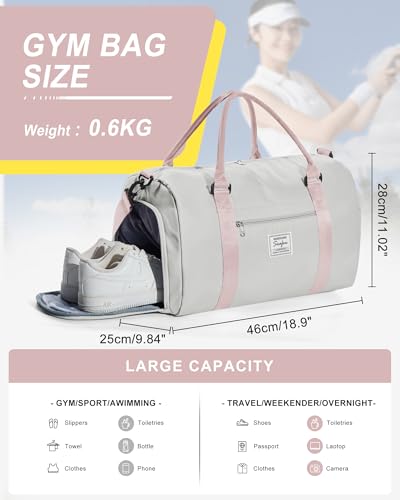 WISEPACK Gym Bag for Womens with Shoes Compartment Travel Duffel Bag - color: B6-Grey Pink