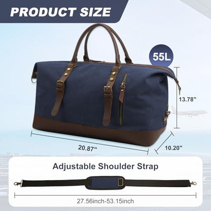 55L Canvas Duffle Bag for Men, Carry On Travel Weekender Overnight Bag - color: Blue