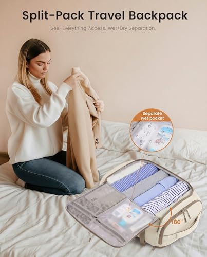 LOVEVOOK Travel Backpack for Women Men, 40L Carry On Travel Backpack - color: Cream‑khaki, size: 40L-4Pcs