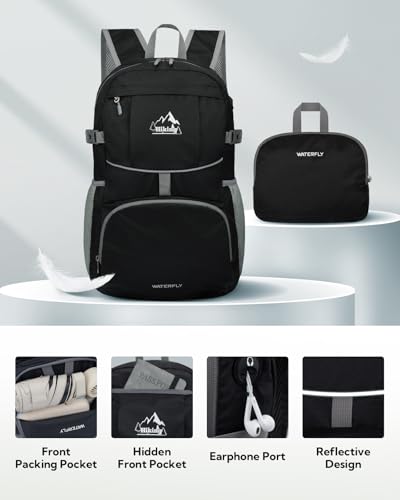 WATERFLY Large Lightweight Packable Hiking Backpack Foldable Travel Daypack - color: A-black, size: 35L