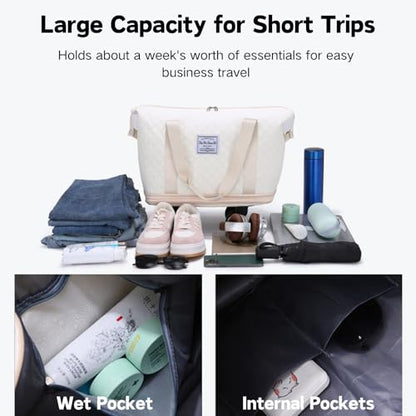 Rolling Duffle Bag with Wheels, Detachable Spinner Wheels, Wet Pocket, Beige - color: Beige