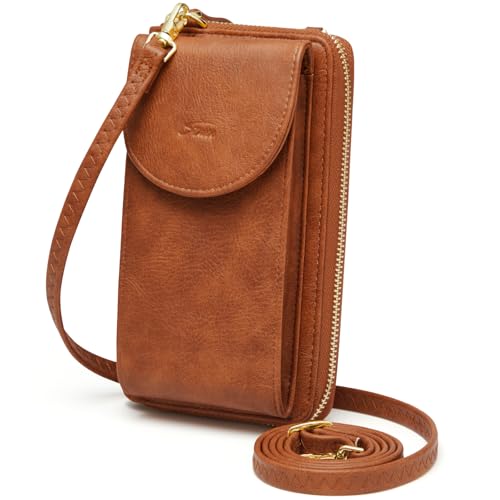S-ZONE Small Crossbody Bags for Women Phone Purse RFID Blocking Wallet - color: Retro Brown