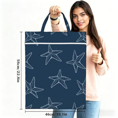 "ocean starfish navy blue beach 2-Pack Travel Laundry Bags for Dirty Clothes- Large Waterproof Laundry Tote, Wet & Dry Use, Reusable Foldable Carry Handles for Vacation, Gym & Dorm" - color: Ocean Starfish Navy Blue Beach