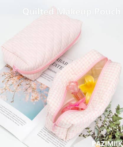 PAZIMIIK Small Quilted Makeup Bag,Zipper Cosmetic Pouch,Gingham Pink - color: Gingham Pink