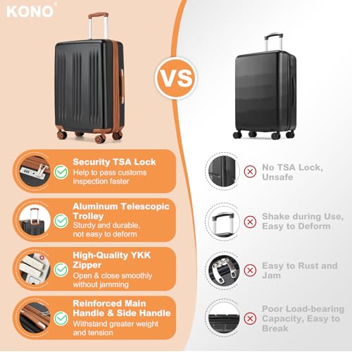Kono 28 Inch Large Checked Luggage with Spinner Wheels Expandable TSA Lock - color: Black&Brown, size: 28"