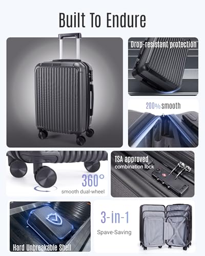 LIGHT FLIGHT 3 Piece Luggage Sets With Spinner Wheels Hardshell TSA Lock - color: Glacier Gray, size: 3-Piece Set - 20"/24"/28"