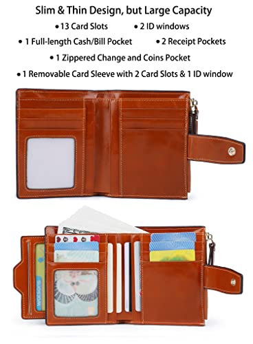 Women's RFID Blocking Leather Small Compact Bi-fold Zipper Pocket Wallet Card Case Purse with id Window - color: Waxed Camel