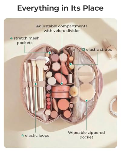 BAGSMART Travel Parallel Makeup Bag, Fold-Down Cosmetic Pouch for Women - color: Brown