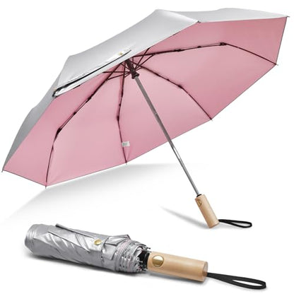 G4Free Windproof Travel Umbrella with Large Wooden Handle 46" Canopy - color: Silver/Pink