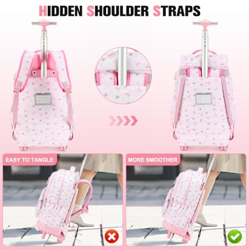 ACESAK Rolling Backpack for Girls with Lunch Bag & Pencil Pouch - color: Pink Bow