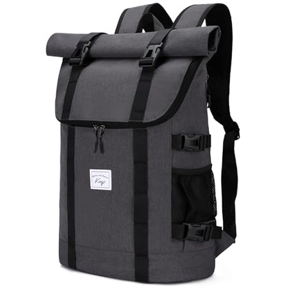 Kasqo Rolltop Backpack, 26L-33L Expandable 15.6” Laptop Backpack for Travel - color: Grey