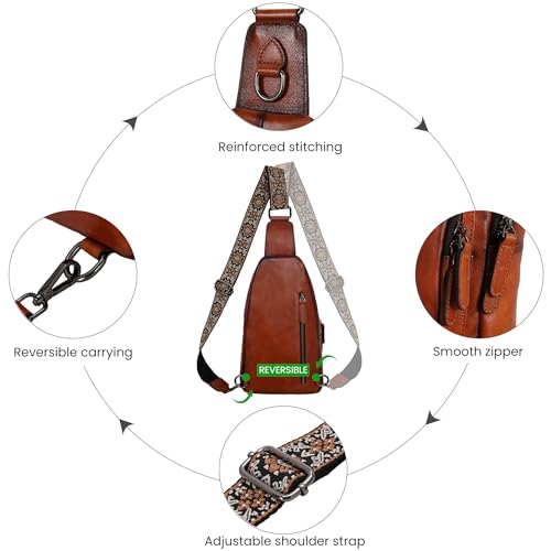HESHE Leather Sling Bag for Women RFID Crossbody Purse Fanny Pack Chest Bag - color: Brown