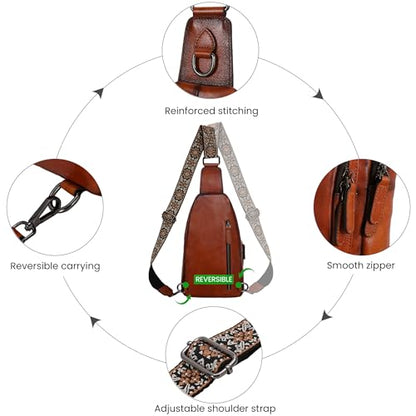 HESHE Leather Sling Bag for Women RFID Crossbody Purse Fanny Pack Chest Bag - color: Brown