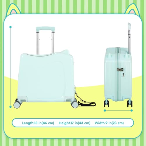 20" Kids Ride-On Suitcase with Rope, Carry-On Luggage with TSA Lock - color: Green