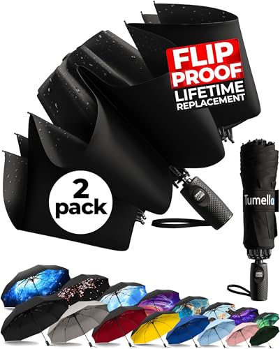 TUMELLA Reverse Folding Windproof Umbrella, Large 46", Strong & Light - color: K. Bundle Black & Black