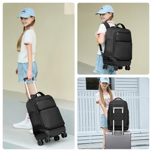 Rolling Backpack with Removable Wheels, 18 inch Computer Laptop Bag Carry on Travel Wheeled Business Backpack for Women Men - color: Black
