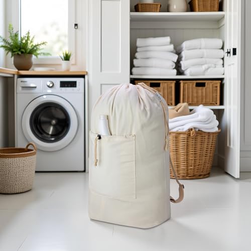 Laundry Bag Backpack, Canvas Laundry Bag with Straps & Drawstring, Beige XL - color: Beige, size: X-Large