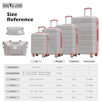 LONG VACATION Luggage Sets with Spinner Wheels, Suitcase Set 6 Piece - color: GREY-PINK, size: 6 piece set