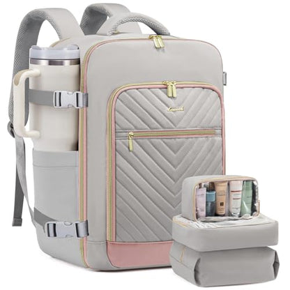 LOVEVOOK Travel Backpack For Women,40L Carry On TSA Personal Item Bag - color: Gray With Pink, size: 17.3 Inch-40L-4Pcs