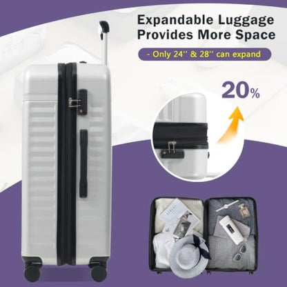 ABS Hardshell Front-Opening 3-Piece Luggage Set – 20″ Carry-On with USB Charging Port & Laptop Compartment, 24″ Expandable Checked Spinner Suitcases + Travel Duffel Bag, TSA Lock (5pcs Grey+White) - color: 5pcs Grey+White