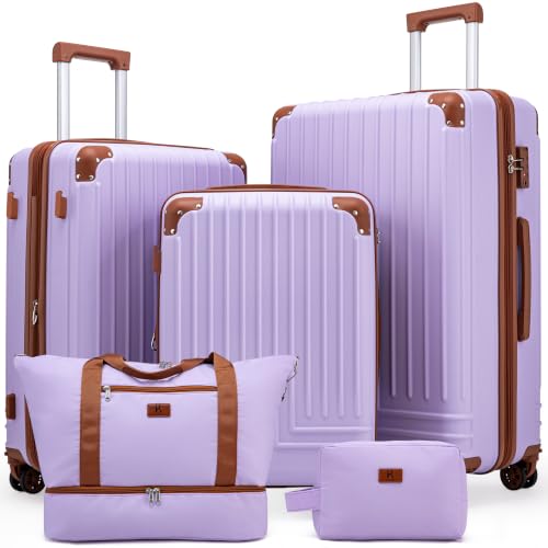KUNEL Luggage Sets 5 Piece, Hardshell Expandable Suitcase, 20/24/28inch - color: Purple