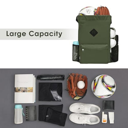 WANDF Drawstring Backpack with Shoe Compartment, Sports Gym Bag - color: L, Dark Green, size: Large