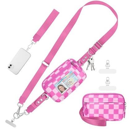 Tiostep Clip and Go Strap for Phone with Wallet Crossbody Phone Lanyard Adjustable and Detachable RFID Wristlet Wallet (Hot Pink Checkered, Large) - color: Hot Pink Checkered, size: Large