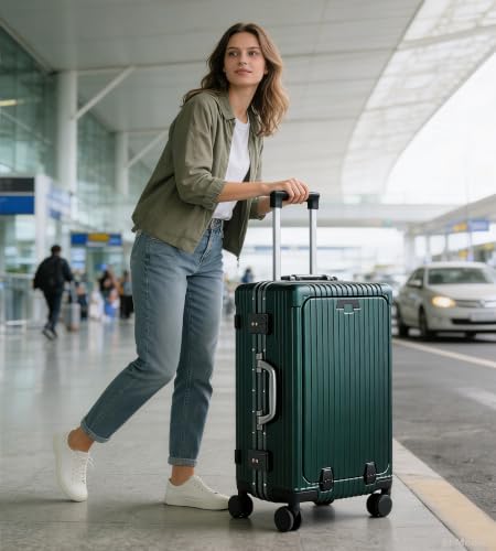 feilario PC Hardside Carry On Luggage, Aluminum Frame, TSA Lock, Cup Holder - color: A5-Forest Green (zipperless closure), size: 22.5"