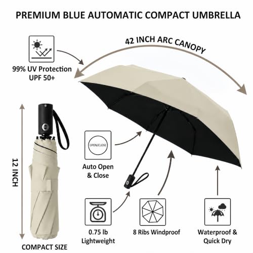 BAODINI Compact Travel Umbrella Small Windproof Auto Open Close for UV Sun Protection UPF 50+ and Rain Fits Backpack Purse & Suitcase - color: Beige